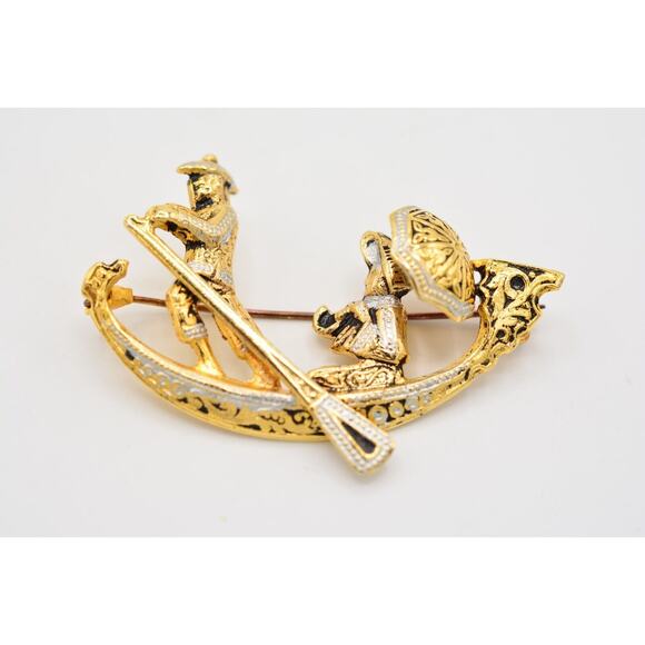 Vintage Oriental Boat Damascene Pin Brooch Tourist Gold Spain Signed 1980s BinJ - Picture 4 of 12